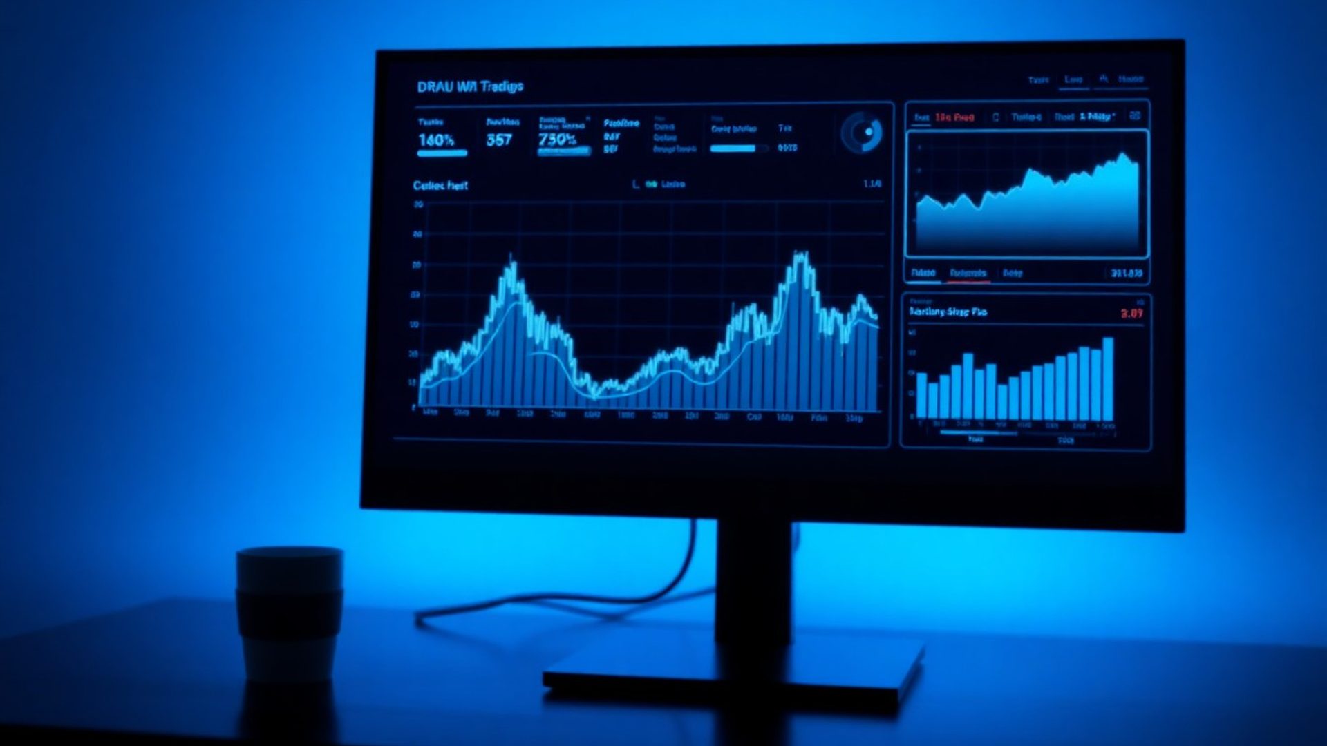 Nadzorna ploča s pregledom trading strategija u azurnim tonovima