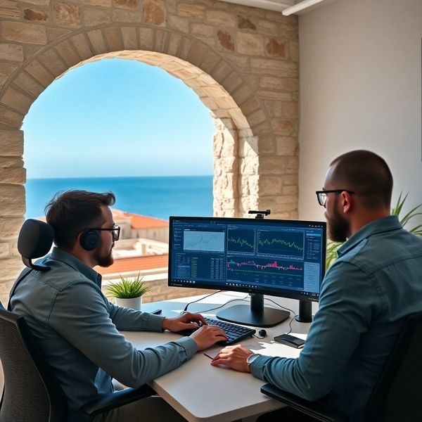 Dva developera u uredu u Dubrovniku s pogledom na Jadran